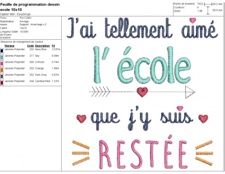 Motif de broderie machine texte école