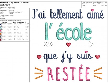 Motif de broderie machine texte école