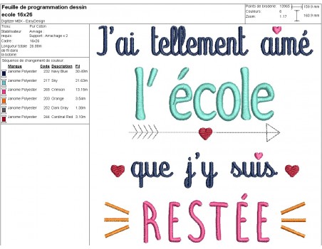 Motif de broderie machine texte école