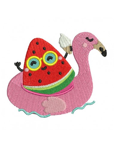 machine embroidery design  flamingo pool buoy with watermelon