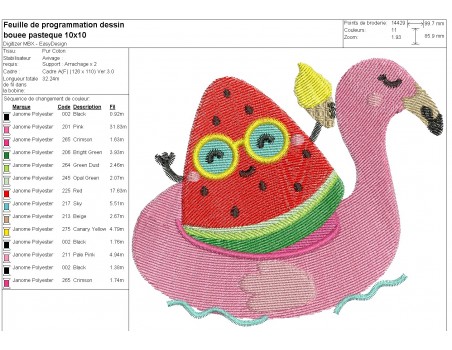 machine embroidery design  flamingo pool buoy with watermelon