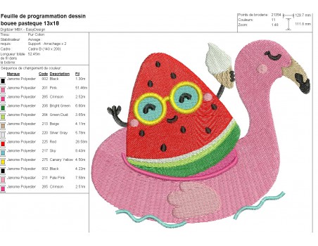 machine embroidery design  flamingo pool buoy with watermelon