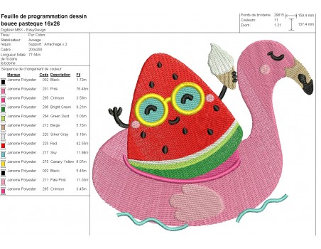 machine embroidery design  flamingo pool buoy with watermelon