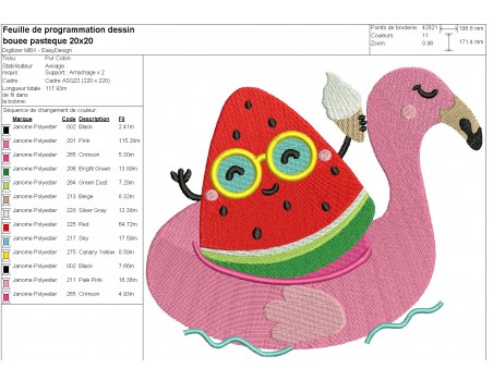 machine embroidery design  flamingo pool buoy with watermelon