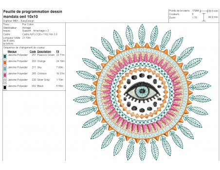 Motif de broderie machine mandala oeil chance