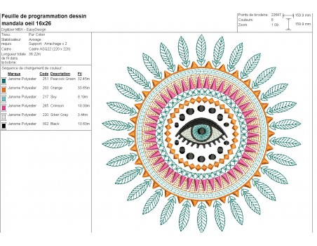 Motif de broderie machine mandala oeil chance