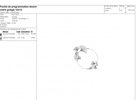 Motif de broderie machine  cadre ginkgo biloba