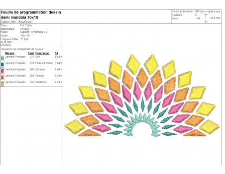 Motif de broderie machine demi mandala losange