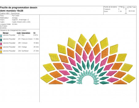 Motif de broderie machine demi mandala losange