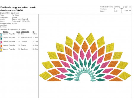 Motif de broderie machine demi mandala losange