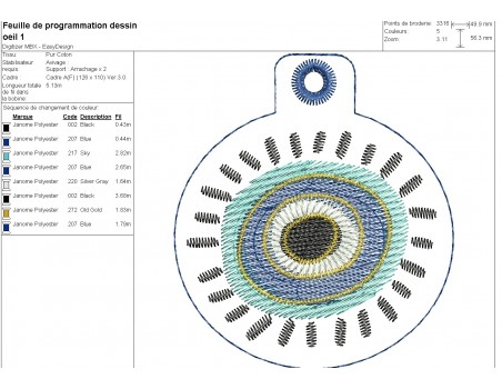 Motif de broderie machine ITH  lot de  6 porte clés oeil chance