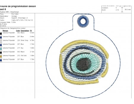 Motif de broderie machine ITH  lot de  6 porte clés oeil chance