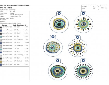 Motif de broderie machine ITH  lot de  6 porte clés oeil chance