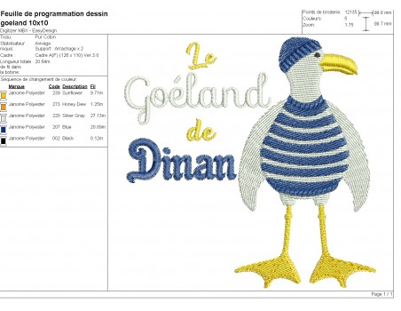 Motif de broderie machine goéland de Dinan