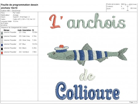 Motif de broderie machine l' anchois de Collioure