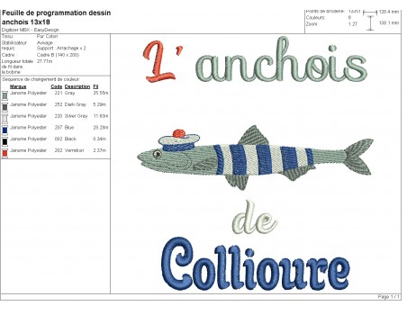 Motif de broderie machine l' anchois de Collioure