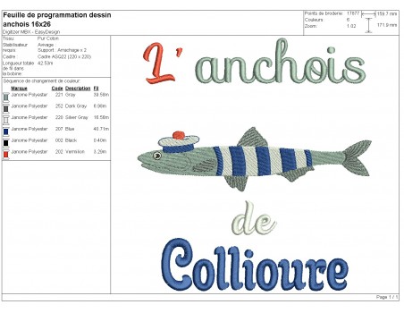 Motif de broderie machine l' anchois de Collioure