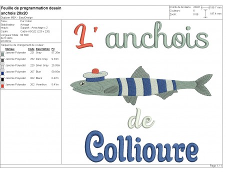 Motif de broderie machine l' anchois de Collioure