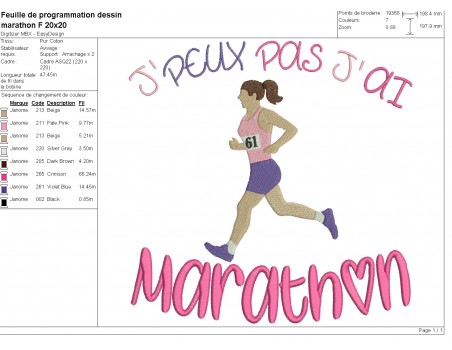 Motif de broderie machine j'peux pas j'ai marathon