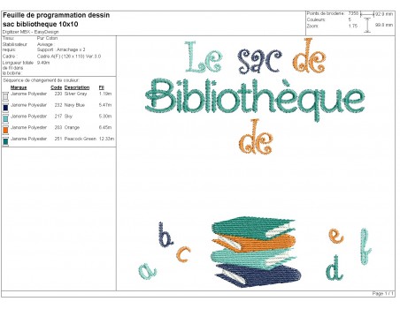 Motif de broderie machine livres bibliothèque