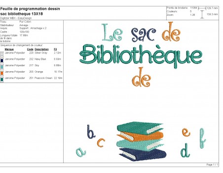 Motif de broderie machine livres bibliothèque