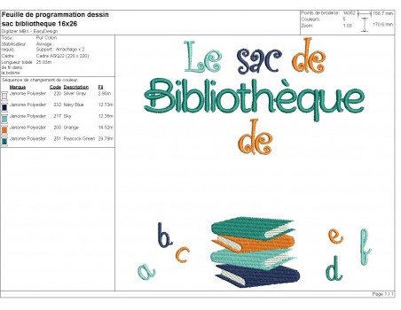 Motif de broderie machine livres bibliothèque