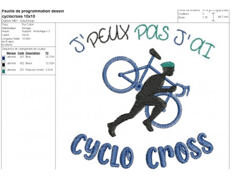 Motif de broderie machine j'peux pas j'ai cyclo-cross