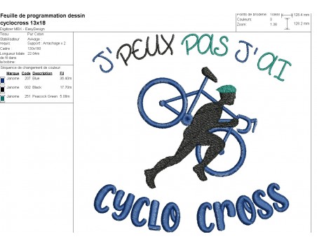 Motif de broderie machine j'peux pas j'ai cyclo-cross