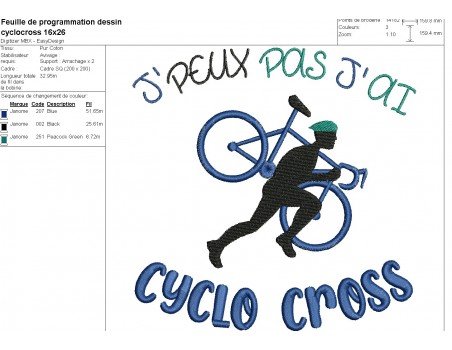 Motif de broderie machine j'peux pas j'ai cyclo-cross