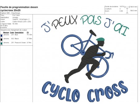 Motif de broderie machine j'peux pas j'ai cyclo-cross