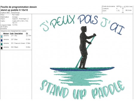 Motif de broderie machine j'peux pas j'ai stand up paddle homme