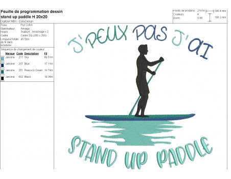 Motif de broderie machine j'peux pas j'ai stand up paddle homme