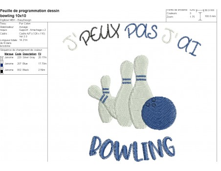 Motif de broderie machine j'peux pas j'ai bowling