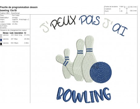 Motif de broderie machine j'peux pas j'ai bowling