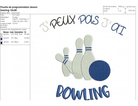 Motif de broderie machine j'peux pas j'ai bowling