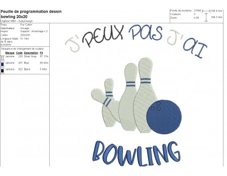 Motif de broderie machine j'peux pas j'ai bowling