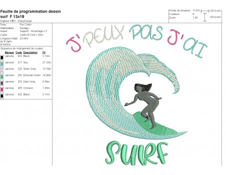 Motif de broderie machine j'peux pas j'ai surf version femme