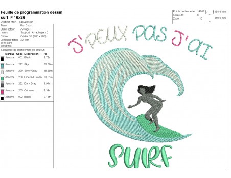 Motif de broderie machine j'peux pas j'ai surf version femme