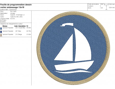 Motif de broderie machine voilier en embossage