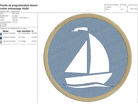 Motif de broderie machine voilier en embossage