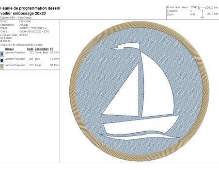 Motif de broderie machine voilier en embossage