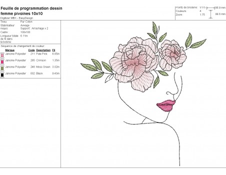 Machine embroidery design woman peonies flowers