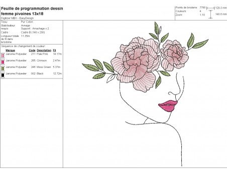 Machine embroidery design woman peonies flowers