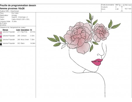 Machine embroidery design woman peonies flowers