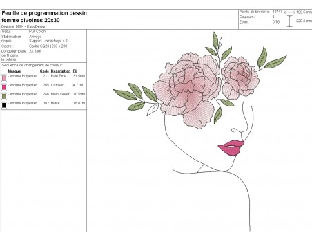 Machine embroidery design woman peonies flowers