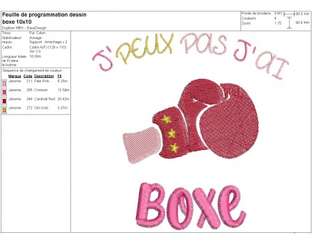 Motif de broderie machine j'peux pas j'ai boxe