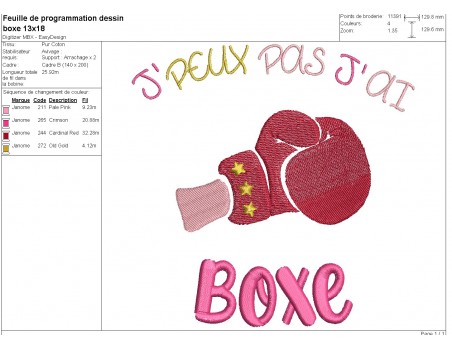 Motif de broderie machine j'peux pas j'ai boxe