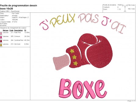 Motif de broderie machine j'peux pas j'ai boxe