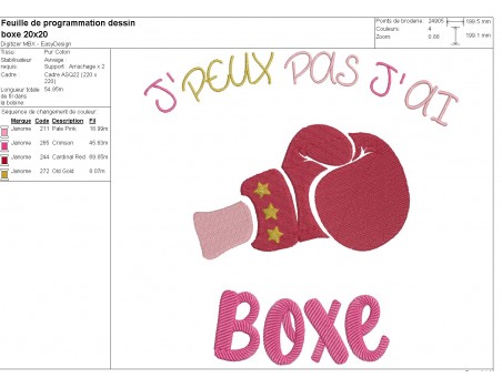 Motif de broderie machine j'peux pas j'ai boxe