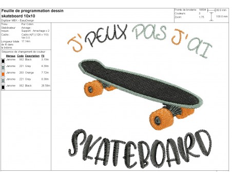 Motif de broderie machine j'peux pas j'ai skateboard